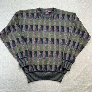VTG‎ Sweater House Sweater Mens Medium Green Blue Geometric Knit Cosby Style